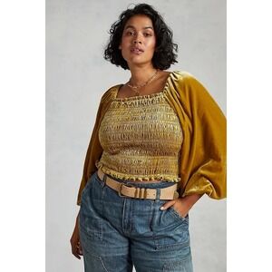 Anthropologie Puff-Sleeved Velvet Blouse Gold Size XS Smocked Boho Festival